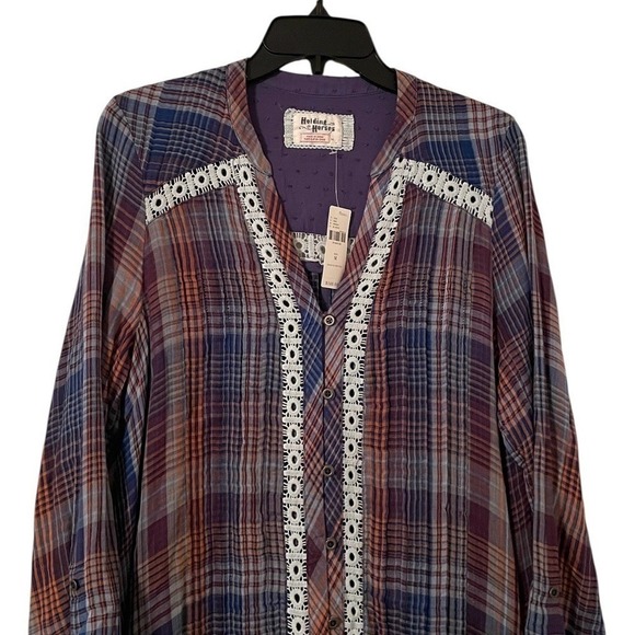 Anthropologie Holding Horses Navy Multicolor Plaid Lace Button Up Dress Size M - Picture 4 of 9